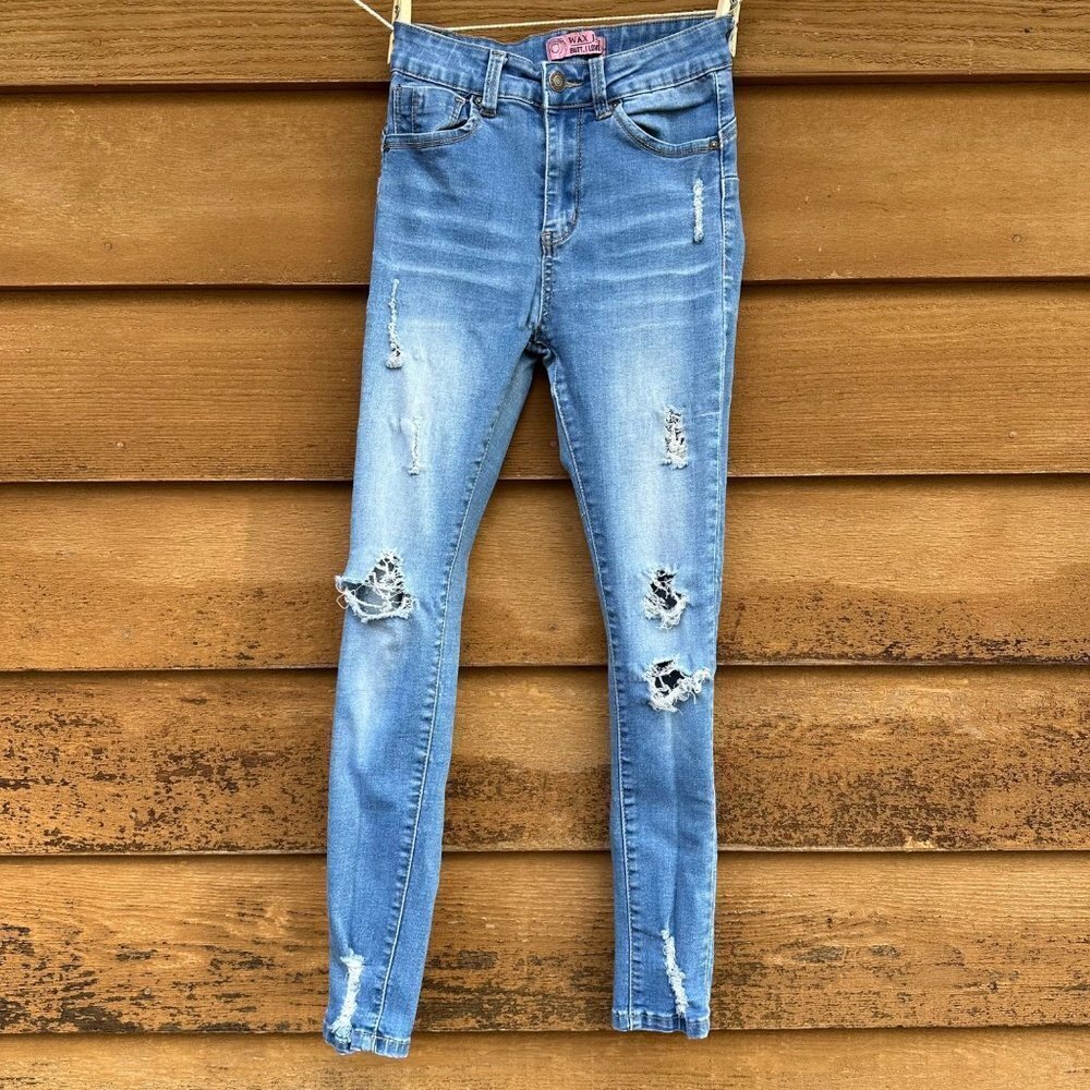 Wax Jeans 'Butt I Love you' Distressed Skinny Mid-Rise Denim Medium Blue Wash - Picture 1 of 13